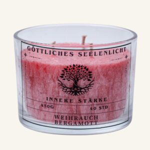 Handgefertigte spirituelle Kerzen – Themenkerze „Innere Stärke“ im Glas mit Weihrauch und Bergamott