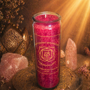 Rote Wurzelchakra Kerze im Glas von Göttliches Seelenlicht mit Schriftzug Tief verwurzelt ganz im jetzt