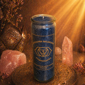 Blaue Stirnchakra Kerze im Glas von Göttliches Seelenlicht mit dem Schriftzug Vertrauen in meine innere Führung