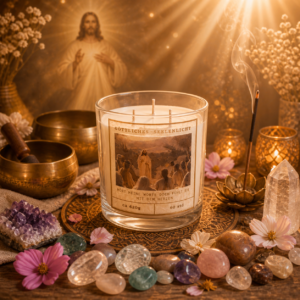 Christusbewusstseins-Kerze im Glas mit spirituellem Etikett