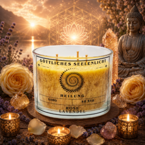Themenkerze „Heilung“ im Glas – Rosenquarz und Amethyst, Blüten & ätherische Öle