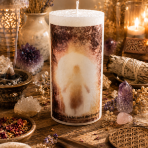 Spirituelle Christus-Kerze mit Lichtmotiv