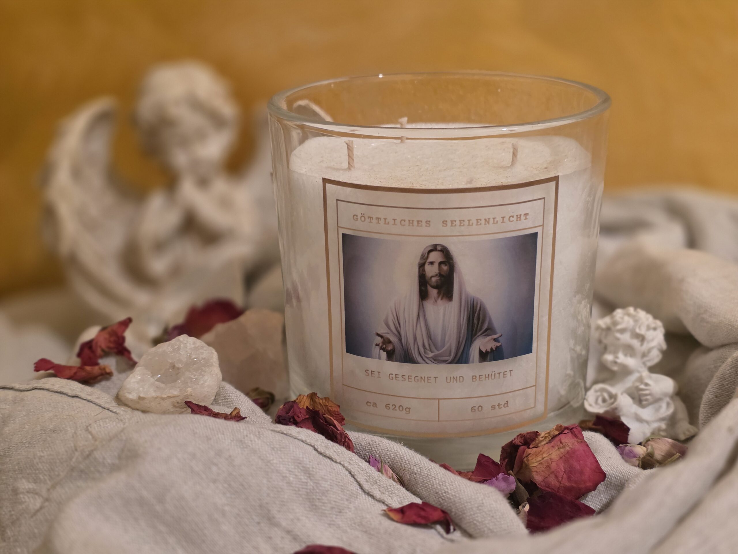Christusbewusstseins-Kerze im Glas mit spirituellem Etikett