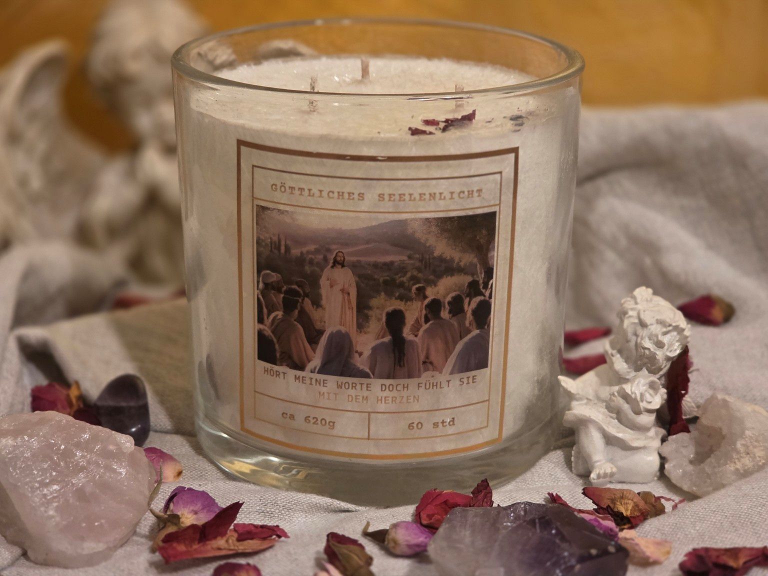 Christusbewusstseins-Kerze im Glas mit spirituellem Etikett